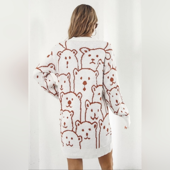 Polar Bear Round Neck Cozy Knit Long Sleeve Oversized Mini Sweater Dress White - Picture 6 of 11